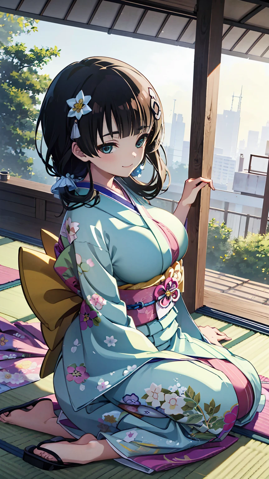 masterpiece, best quality, absurdres , perfect anatomy ,wang yujia, Black hair , smiling , (((busty))), 1girl, sensual body, Her cheeks flushed, frills kimono , kimono , Oriental town

