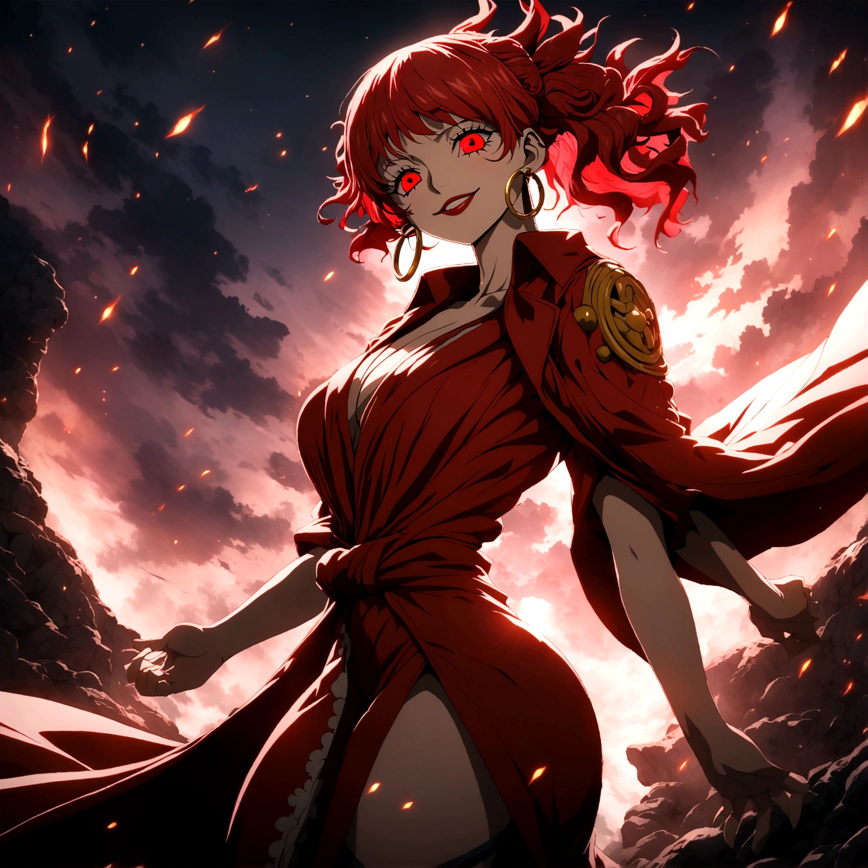 Woman,tied red hair,red eye,red lipstick,hoop earrings,doctor's coat,red dress,psychopath smile,"One Piece-inspired anime design,filled with dramatic and stunning lighting,infused with creative details,ultra-fine 2D design,settings bathed in creativity,boasting 2D anime resolution clarity,HD anime graphics,high-octane rendering"