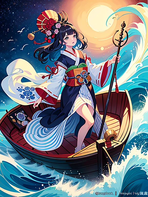 (Highest quality、masterpiece、High resolution、Official Art、8K)、Ukiyo-e、Katsushika Hokusai、Fuji Mountain、White waves of the sea、Boat、