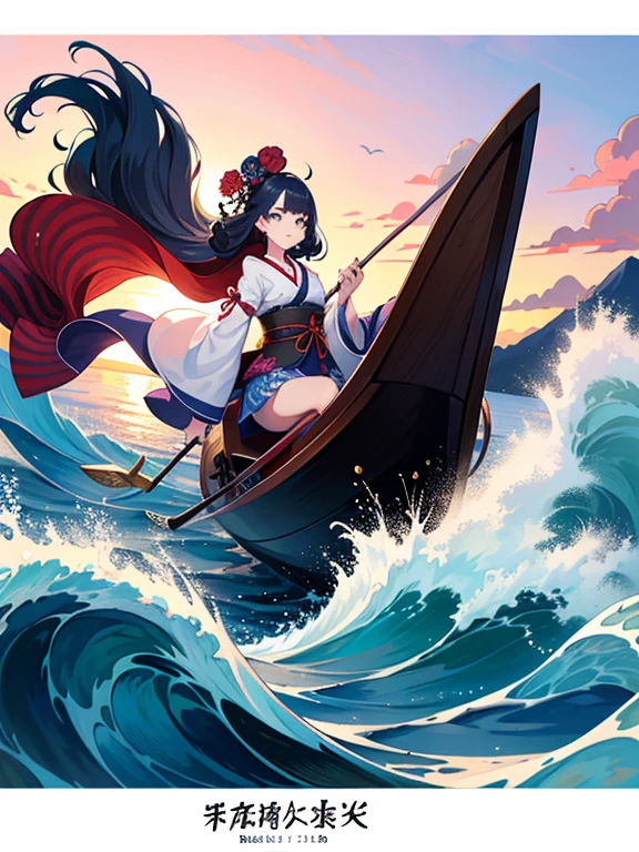 (Highest quality、masterpiece、High resolution、Official Art、8K)、Ukiyo-e、Katsushika Hokusai、Fuji Mountain、White waves of the sea、Boat、