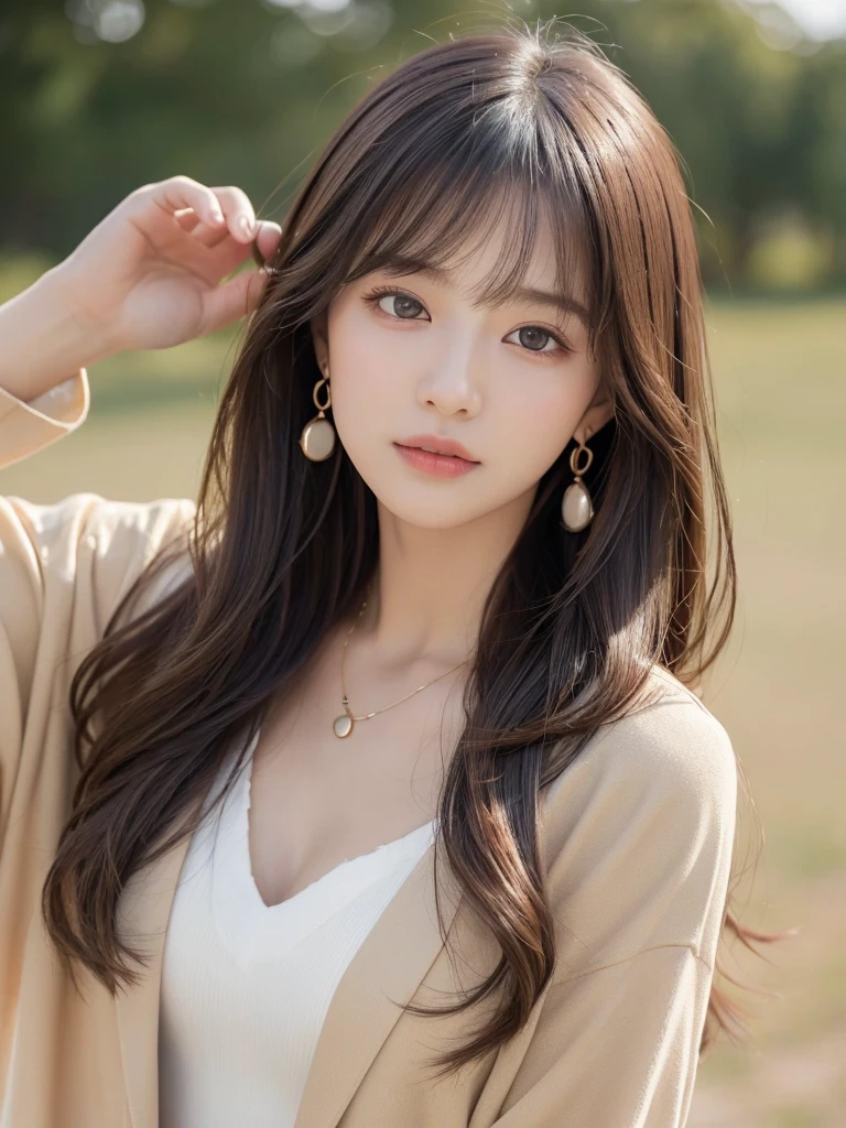  ((Highest quality, 8K, masterpiece:1.3)), concentrate: 1.2, Perfect body beauty: 1.4, Hips: 1.2, ((Long Hair, chest: 1.2)), (Dry clothes: 1.1) , (clear, Simple Background:1.3), Simple clothes: 1.1, Highly detailed face and skin texture,Delicate eyes, double eyelid, Whitened skin, Rough skin、Long Hair、Earrings with bangs、necklace、 solo、Beige coat、White shirt,  (((Beautiful girl with cute Japan)))、  ((Beautiful Japanese girl 20 years old))、 ((Baby Face))、 (((Slender body)))、  Upper Body，Face focus、necklace，Simple Background，From above， Realistic Hair、 A photograph was taken:Canon EOS R6、135mm、1/1250 seconds、f2.8、ISO400、(Detailed explanation of the hand)、(Masseter muscle area)、(Exquisite CG)、Long Hair, loose and curly hair、Korean Hair、Long Hair明るいベージュ色、グラデーションハイライトグレージュのゆるふわLong Hairスタイル、