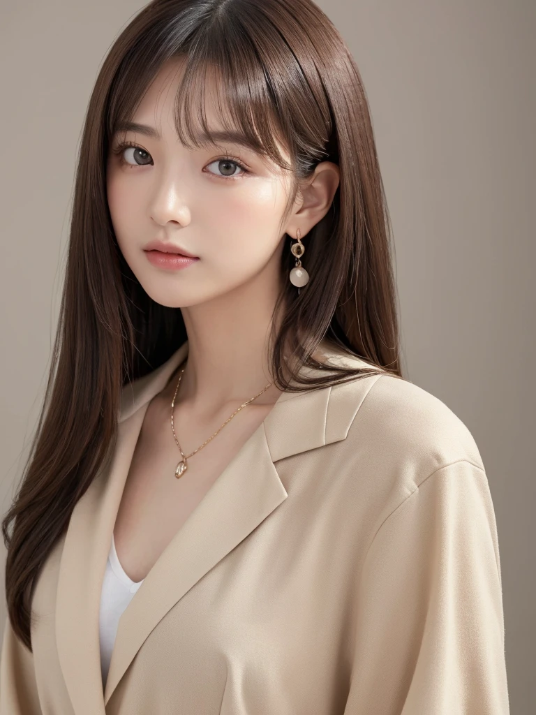  ((Highest quality, 8K, masterpiece:1.3)), concentrate: 1.2, Perfect body beauty: 1.4, Hips: 1.2, ((Long Hair, chest: 1.2)), (Dry clothes: 1.1) , (clear, Simple Background:1.3), Simple clothes: 1.1, Highly detailed face and skin texture,Delicate eyes, double eyelid, Whitened skin, Rough skin、Long Hair、Earrings with bangs、necklace、 solo、Beige coat、White shirt,  (((Beautiful girl with cute Japan)))、  ((Beautiful Japanese girl 20 years old))、 ((Baby Face))、 (((Slender body)))、  Upper Body，Face focus、necklace，Simple Background，From above， Realistic Hair、 A photograph was taken:Canon EOS R6、135mm、1/1250 seconds、f2.8、ISO400、(Detailed explanation of the hand)、(Masseter muscle area)、(Exquisite CG)、Long Hair, loose and curly hair、Korean Hair、Long Hair明るいベージュ色、グラデーションハイライトグレージュのゆるふわLong Hairスタイル、