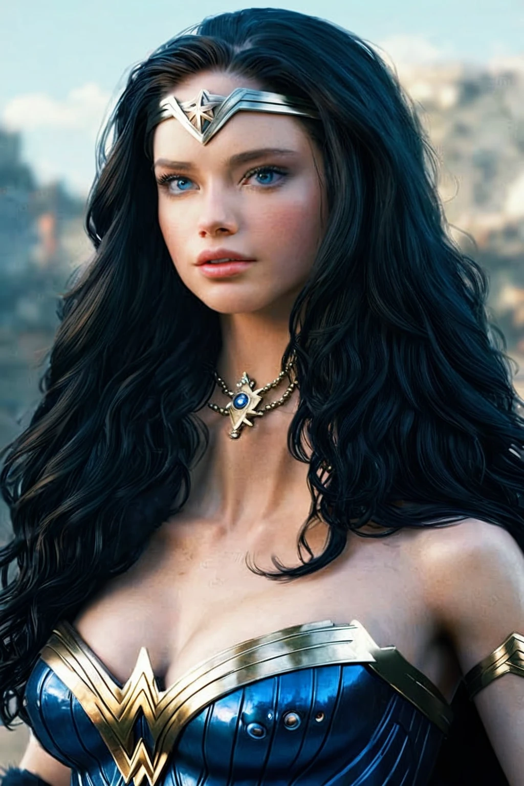 FROM ABOVE, Madelaine Petsch ((Pale Skin)), ((Pearl Skin)), ((black hair)), ((Dressed as Wonder Woman)), Sexy Woman ((She has long straight black hair and icy light blue eyes, pale skin, a atletic defined toned body, a thin waist, wide hips.)) Portrait ((Perfect Feminine Face)), Precision, 8K, High Detail, (Highly Detailed CG Unity 8K Wallpaper), Ultra-realistic Full Shot Body Image, Beautiful (Skinny) Sexy, Trending in CGSociety, Complex, High Definition, Sharp Focus, Dramatic, Volume Lighting, Digital painting, intense model shooting style, (highly detailed CG Unity 8K wallpaper), full-shot body photos of the most beautiful works in the world, pearl skin, professional majestic oil paintings by Ed Blinkey, Atey, Studio Ghibli, Jeremy Mann, Greg Manchez, Antonio Moro, trending on ArtStation, Trending, Incremental, High Detail, Sharp Focus, Mid Journey and dramatic and photorealistic painting art by Greg Rutkowski at CGSociety