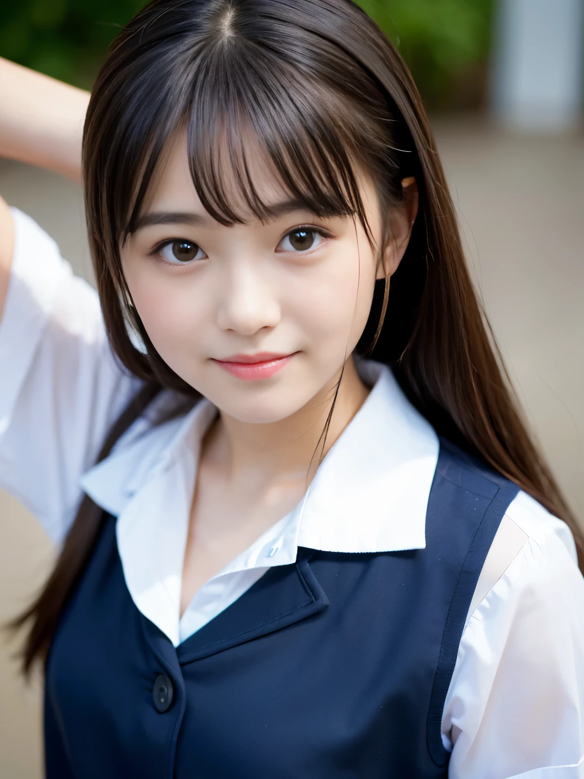 (Best-quality, Masterpiece, Ultra-High-Resolution, (Photorealistic:1.4), Raw Photo, depth of field, professional lighting, perfect anatomy, extremely details), 1girl, 15-years-old, the most famous Japanese idol, in stairs of Japanese high-school, ((Running up)), (extremely realistic and extremely cute and extremely childish face like the most popular Japanese idol, (extremely realistic and extremely cute and extremely big eyes), extremely realistic and extremely beautiful black-long-hair, (((extremely realistic and extremely beautiful skins))), extremely realistic and extremely cute long-eyelashes, extremely realistic and extremely cute lips), ((innocent smile, wearing summer-high-school-uniform))