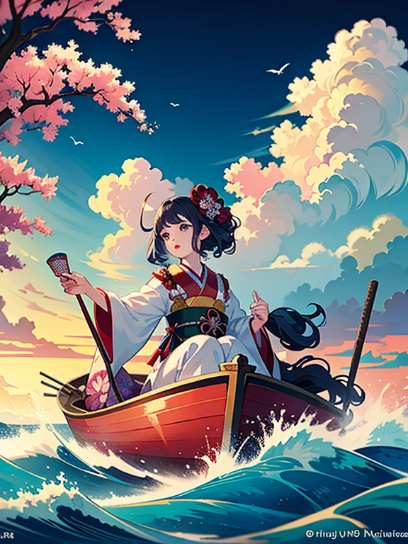 (Highest quality、masterpiece、High resolution、Official Art、8K)、Ukiyo-e、Katsushika Hokusai、Fuji Mountain、White waves of the sea、Boat、