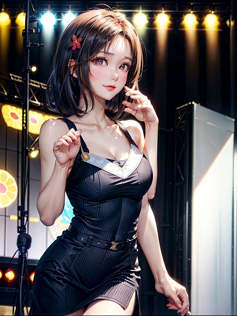 ((Best of the highest quality, 8k, Masterpiece, raw photo: 1.1)), (Sharp focus: 1.1), (1 AESPA, slim body type female, 22 y/o: 1.1), solo, Portrait Waist Up, (realistic, photo-realistic:1.37), face focus, cute face, finely eyes, (short bob hair, updo, forehead: 1.2), (sharp chin, droopy eyes: 1.32), (Emphasize prominent aegyo-sal with bright: 1.28), shimmering eyeshadow applied under the lower lash line, paired with thick, (small breasts, flat chest: 1.2), alternative outfit, walking on stage, microphone, flower,