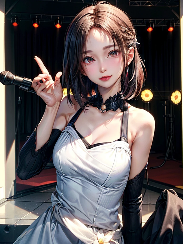 ((Best of the highest quality, 8k, Masterpiece, raw photo: 1.1)), (Sharp focus: 1.1), (1 AESPA, slim body type female, 22 y/o: 1.1), solo, Portrait Waist Up, (realistic, photo-realistic:1.37), face focus, cute face, finely eyes, (short bob hair, updo, forehead: 1.2), (sharp chin, droopy eyes: 1.32), (Emphasize prominent aegyo-sal with bright: 1.28), shimmering eyeshadow applied under the lower lash line, paired with thick, (small breasts, flat chest: 1.2), alternative outfit, walking on stage, microphone, flower,