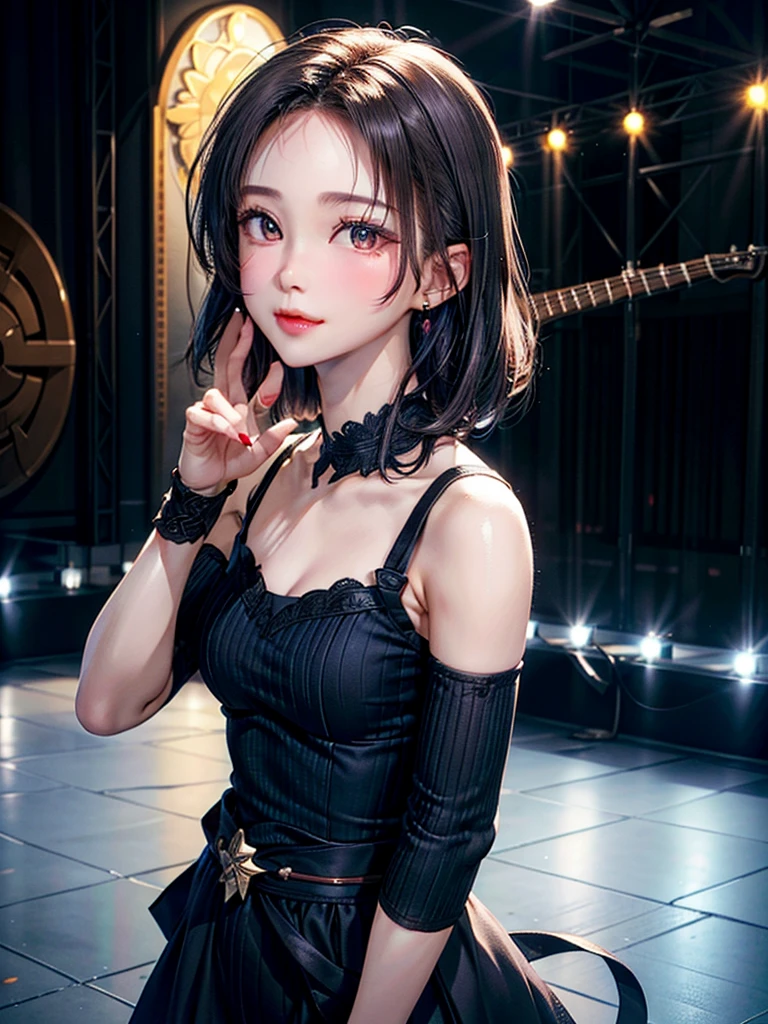 ((Best of the highest quality, 8k, Masterpiece, raw photo: 1.1)), (Sharp focus: 1.1), (1 AESPA, slim body type female, 22 y/o: 1.1), solo, Portrait Waist Up, (realistic, photo-realistic:1.37), face focus, cute face, finely eyes, (short bob hair, updo, forehead: 1.2), (sharp chin, droopy eyes: 1.32), (Emphasize prominent aegyo-sal with bright: 1.28), shimmering eyeshadow applied under the lower lash line, paired with thick, (small breasts, flat chest: 1.2), alternative outfit, walking on stage, microphone, flower,