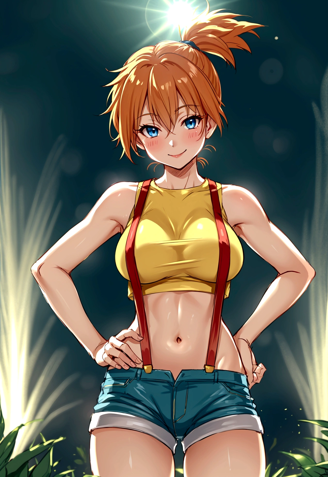 from front,from front,pov,Dutchangle,soro focus.straight-on,(upperbody:1),(finely detail ,best quality, ultra detailed),superfineillustration,anime studio,highly detailed, (detailed background, complex background:1.2), (perfect face, detailed face), full-face blush, (smile, happy), (milf, mature girl) misty_(pokemon), short hair,side ponytail, looking at viewer, smile, blush, navel, shorts, blue eyes, (suspenders), shirt, crop top,beautiful abs,(beautiful under_boob), midriff, short shorts, medium breasts,(beautiful body),(skiny skin).(). (outdoors, garden, thighs,standing),depth of field,(professional lighting,cinematic lighting,lens flare.beautifully lit),(hands on hips)
,misty_(pokemon),