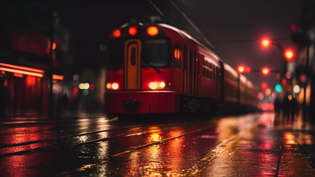 Arabian style view of a red train running through the city streets at night, Wet roadss, Rainy Evening, reflections on Wet roadss, In the evening rain, Rainy Streets in the background, Wet roads, Rainy Street, Cinematic Light and Reflections, rainy urban streets, Wet puddles on the street, Right after it rains, Red and Cinematic Lighting