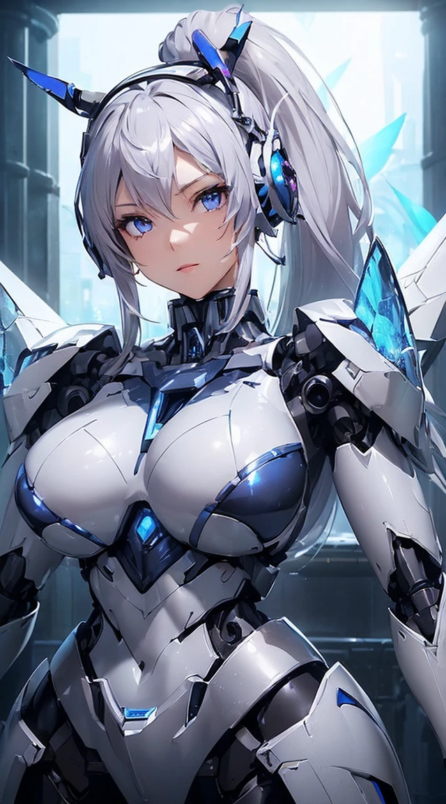 ((Intense action pose:1.6))、((Shining lenses on both breasts:1.3))、((Blue pillars of light are emanating from both chests.:1.3))、smile、((8K)), ((32k)), ((Highest quality)), ((masterpiece)), ((超A high resolution)), ((Tmasterpiece)), ((Halation:1.4))、((Mechanical headgear:1.2))、((Cyber Headphones:1.3))、Fine skin, High quality fabric, Fine metal texture ,NSFW:0.5 , ((High ponytail:1.6))、((Beautiful and dense face))、RAW Photos、Professional, Ultra-fine painting, ((alone)), Beautiful breasts、Highest quality, Very detailed, Very detailed, Finer details, so beautiful, ((Princess Knight Robot:1.2)), (Joints of machines, Mechanical Limbs:1.3), (The internal structure of the machine is exposed:1.3), (Long silver hair:1.1), (Beautiful and huge mechanical breasts)、White Veil, cowboy_shot, Side Focus, headgear, Shiny、(Five Fingers, Four fingers and thumb),Concept Art, Anime fantasy artwork, Detailed fantasy art, (with pale blue-violet hair and large white wings,,,,,,,), (((Long silver hair))), (Mecha:1.6)、Sleek and intimidating design, ((Commander-in-Chief'arm)), (Perfect robot body)、Pure white and blue-purple arm or, Symmetrical wings, 8K high quality, detailed art, 3D rendering of character art in 8K, neat legs, Defined, Defined fingers,