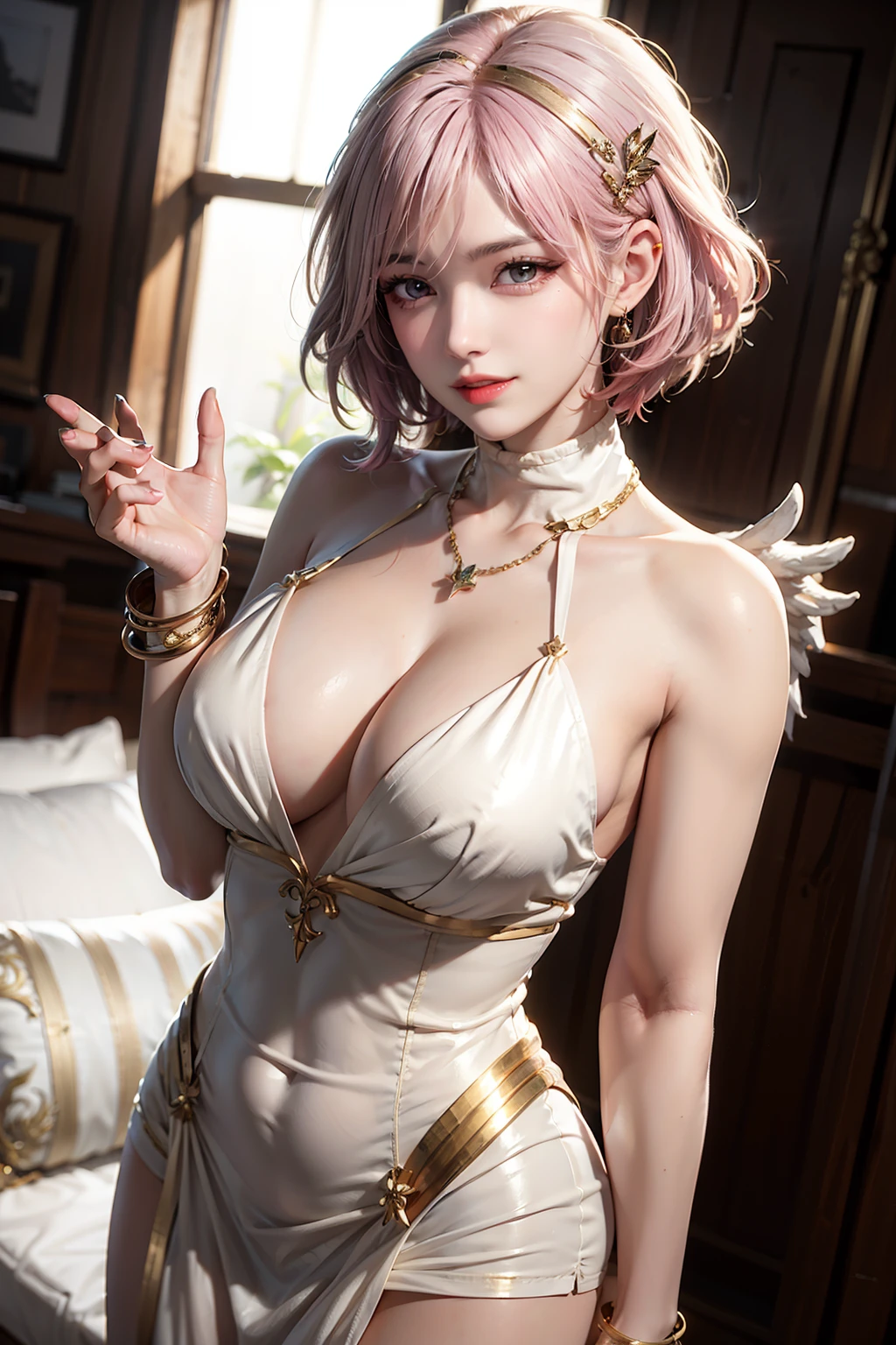 Women, early 20s, short silky pink hair with yellow tips, angel wings, gold armlet, gold bracelet, golden eyes, smug, smirk, one raised eyebrow, golden hair pins, white turtleneck greek one-shoulder fine silk dress, golden necklace with a gem, standing up.