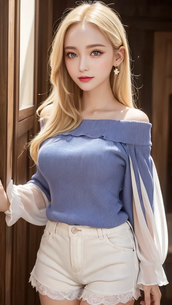 (((Off-the-shoulder blouse with sleeves、Shorts、White background、Cowboy Shot、forehead、Blonde)))、forehead、Northern Europe、Russia、beautiful girl、Platinum Blonde Hair、Straight long hair、Big blue eyes、Northern Europeの若者、Glowing Skin、Young and beautiful skin、A perfect and beautiful little face、Bright makeup、Pale pink lips、Bright expression、lipstick、Golden Hour Lighting、Movie Light、Intricate details、High resolution、 Detailed features of the face design、Big Breasts