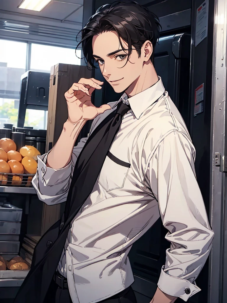 Man in his 40s, Forehead, Very short hair, A kind smile, One Man, Portrait from chest up, Very short black hair, Old man in clothes, Please open your eyes a little, Male hand,Man&#39;s face,Male eyebrows, Male Eyes, Sharp Nose ,Long Nose, Slicked back hairstyle, Black butler uniform, Iris, walking , A kind smile, Reminiscent of a novel cover, Dramatic lighting, Emphasize the contrast between light and shadow, (Official Art, Highest quality、unity 8k wallpaper、32k、masterpiece、Very detailed, grab your hair with your hands, Cinema Lighting, Isekai Tensei, anime,Beautiful light shining through the window, sense of cleanliness,