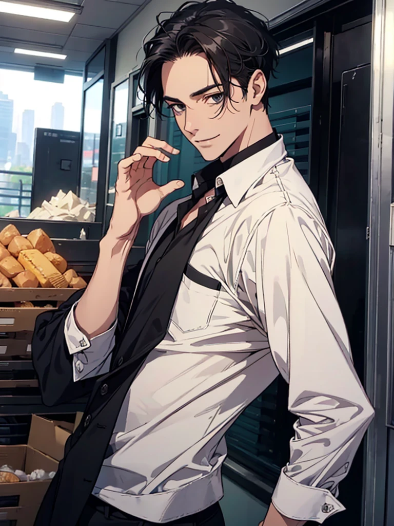 Man in his 40s, Forehead, Very short hair, A kind smile, One Man, Portrait from chest up, Very short black hair, Old man in clothes, Please open your eyes a little, Male hand,Man&#39;s face,Male eyebrows, Male Eyes, Sharp Nose ,Long Nose, Slicked back hairstyle, Black butler uniform, Iris, walking , A kind smile, Reminiscent of a novel cover, Dramatic lighting, Emphasize the contrast between light and shadow, (Official Art, Highest quality、unity 8k wallpaper、32k、masterpiece、Very detailed, grab your hair with your hands, Cinema Lighting, Isekai Tensei, anime,Beautiful light shining through the window, sense of cleanliness,