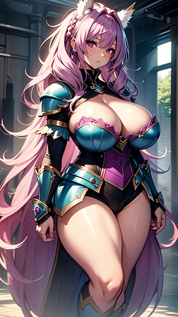 one woman, fairy girl, fairy ears, fairy wings, magenta hair, fluffy layered hairstyle, strong, firm body, thick thighs, big breasts, muscular arms, wide hips, blue armor, sfw, sexy, full body, masterpiece, highly detailed, shiny armor, beauty, tall women, busty