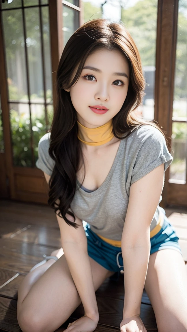 masterpiece, best quality, Surreal, Ultra Detailed, 8k resolution, RAW photos, Clear focus, (A girl in the forest), ((light gray shirt)), sleeveless, sports Shorts,, Solitary, Perfect body, Bangs to eyebrows、Beautiful brown hair、Beautiful and delicate eyes、Brown eyes、Raise an eyebrow、Bangs to eyebrows、Beautiful brown hair、Beautiful and delicate eyes、Brown eyes、Raise an eyebrow、High Nose、Small nostril、Little mouth、Tempting lips、Mouth slightly open、Beautiful breasts、Full body、Oval face,Phoenix Eyes,Eyebrow, Both eyes, Both eyes皮, Long eyebrows, Long eyelashes, A faint smile, full-body shot:1.2,Stand up,Stand up,
32 inches in the chest,(a charming smile:1), (sexy pose),26 years old, light,White shoes,Stand up