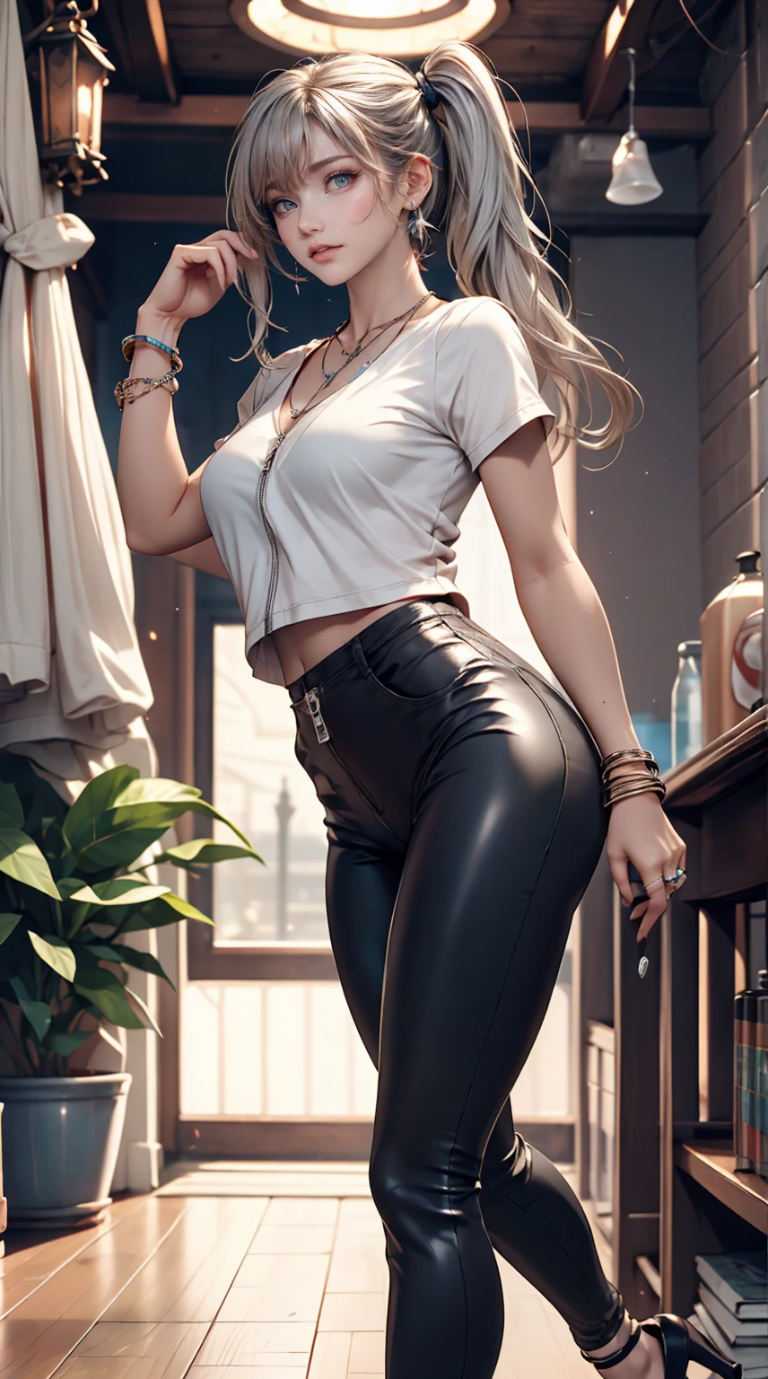 Twin tails, Silver Hair,Wear high-neck zipper-up tops, Pause, cute, Look up, high quality, necklace, ring, bracelet, Earrings、Wear low rise leggings、Wear stiletto heels、