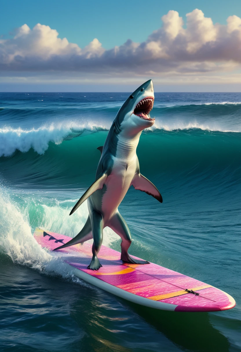 female Shark, dressed as girl, surfing, Dressed animals page, full body, cinematic still, cinemascope, best quality, masterpiece, very aesthetic, perfect composition, intricate details, ultra-detailed, vivid colors