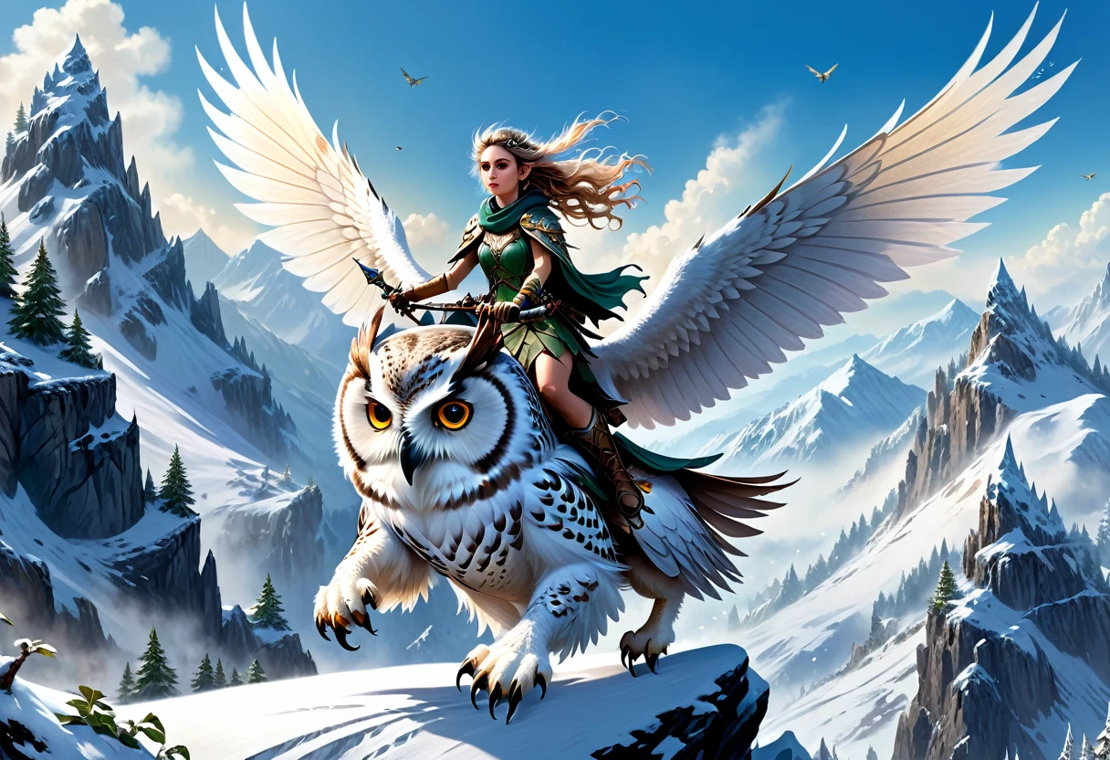 hyper-realistic digital painting, very detailed faces, fae aesthetic, a small mountain fairy flying on the back of a giant owl, snowy mountain scene, riding to war, armed with a warhammer