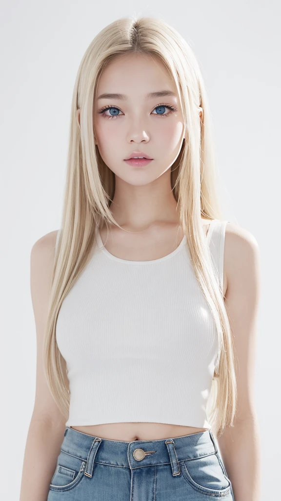 (((Tank top、Shorts、White background、Cowboy Shot)))、forehead、Northern Europe、Russia、beautiful girl、Platinum Blonde Hair、Straight long hair、Hitting the face and front of the eyes、Big blue eyes、Northern Europeの若者、Glowing Skin、Young and beautiful skin、A perfect and beautiful little face、Bright makeup、Pale pink lips、Bright expression、16-year-old girl、lipstick、Golden Hour Lighting、Bokeh Atmosphere Perspective、detailed、Movie Light、複雑なdetailed、High resolution、 フェイスデザインのdetailedな特徴、Attention to detail、Big Breasts