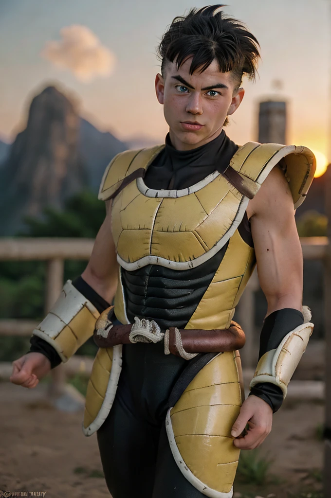 (masterpiece), (extremely intricate:1.3), (realistic), beautiful lighting, solo, looking at viewer, blue eyes, platinum blonde hair, (cowboy shot), (black saiyan armor), black bodysuit,  mountain background, 1girl, upper body, white skin, sharp focus, dramatic, award winning, cinematic lighting, octane render, unreal engine, volumetrics dtx, (film grain, blurry background, blurry foreground, bokeh, depth of field, sunset, motion blur:1.3), young, from below,(((Bardock with dragonball z super armor))). 