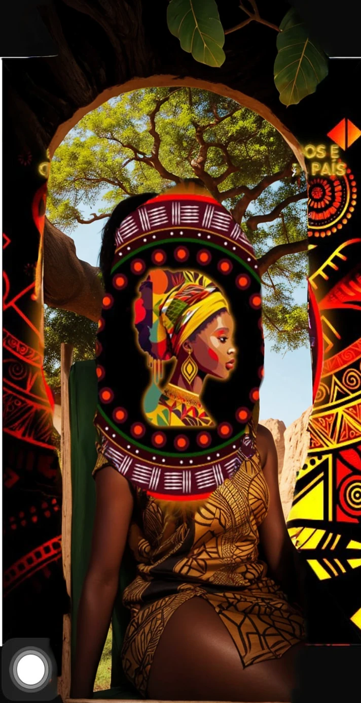black woman, baobab tree and the map of Africa in the background, circular border, tree shape.