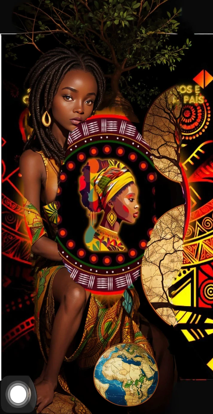 black woman, baobab tree and the map of Africa in the background, circular border, tree shape.