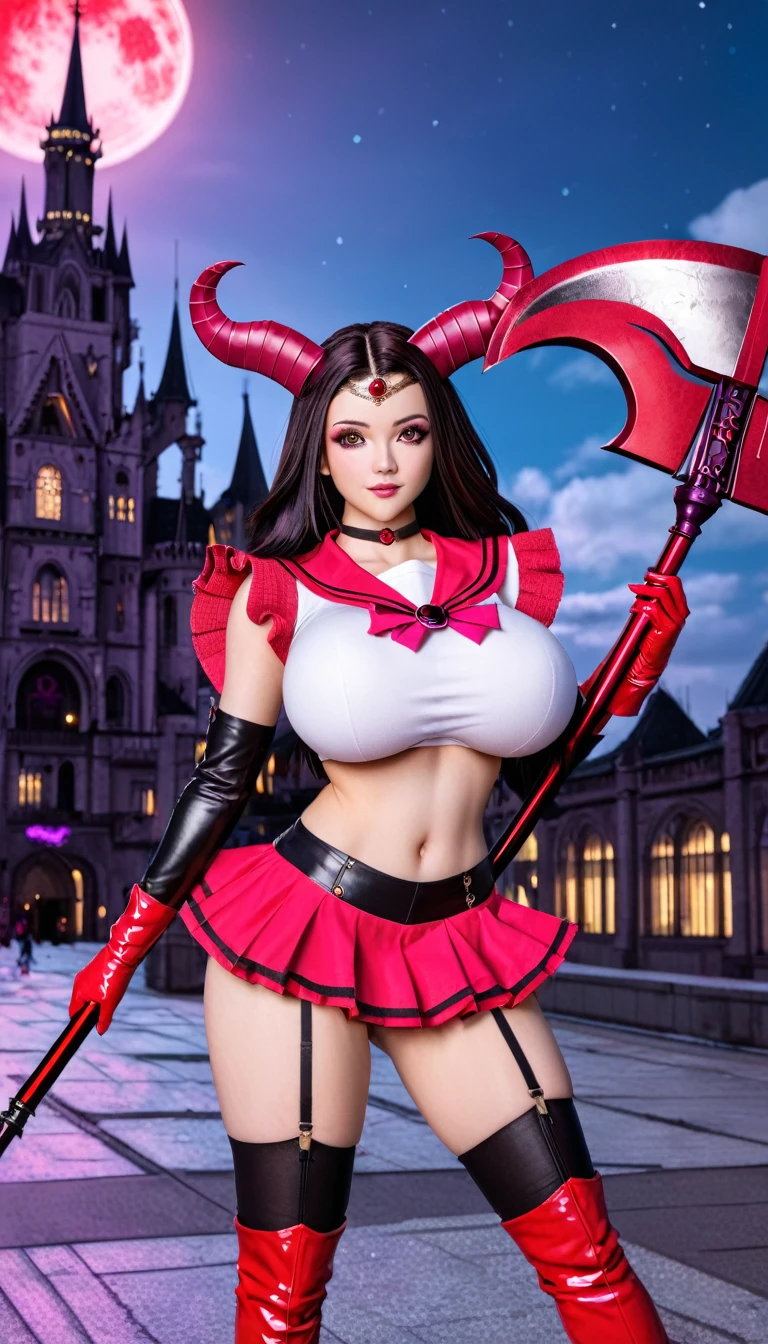 (High quality, masterpieces), One Japanese girl, black long hair, Beautiful face, Sleepy eyes, Shy, Brown eyes, Crimson wide sailor collar, Crimson ruffle mini skirt, Huge violet ribbon covering over her breast, Big breasts, Exposing skin around navel, a white crop top, Crimson leatherlong gloves, Crimson leather Knee-high boots, Garter belt, circlet made of black metal with a purple jewel on forehead, broad and deep dark-pink eyeshadow, Attach sheep's horn to temporal region, Equip a huge death's scythe, On top of a tower overlooking skyscrapers, Cyber punk, Midnight, red moon