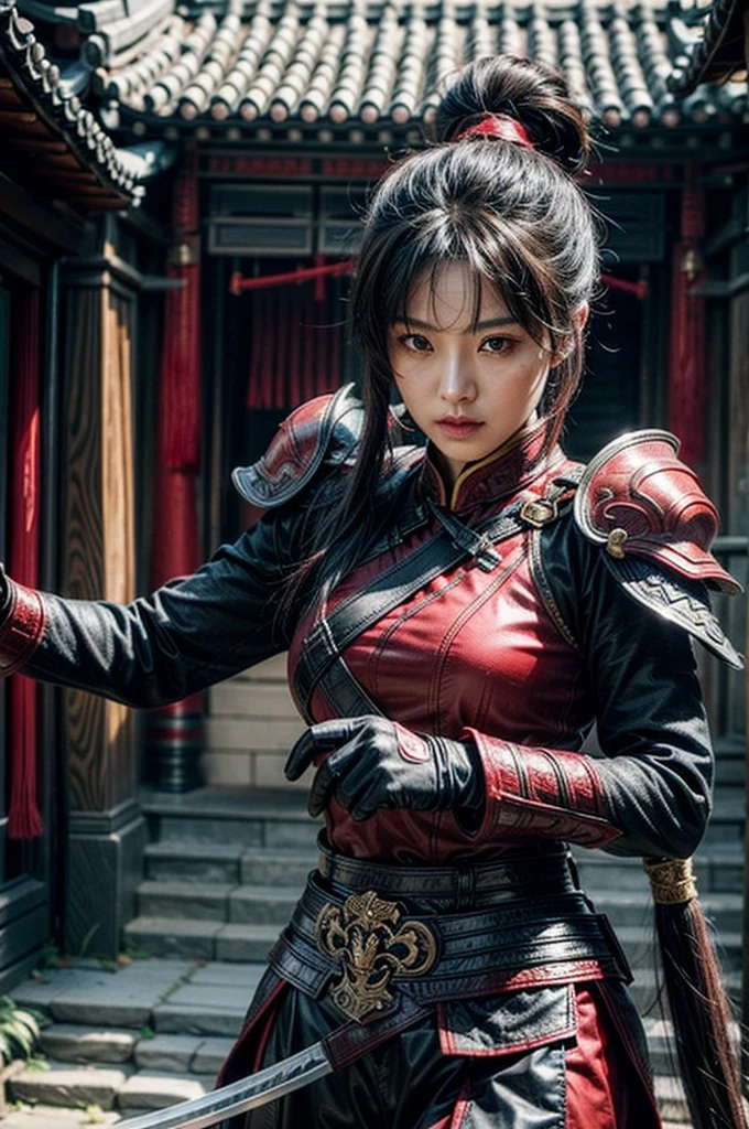 A beautiful chinese women warrior, weapon, 1girl, red full armor, sword, black_hair, bun hairstyle, holding, dual_wielding, solo_focus, holding_weapon, holding_sword, old chinese background, brown_eyes