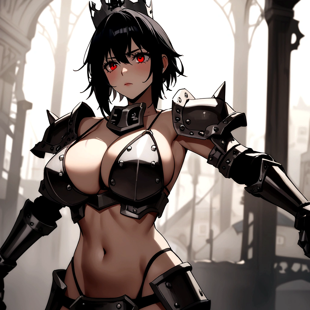 Iron bikini armor, iron crown, bare belly, big breasts, black hair, red eyes