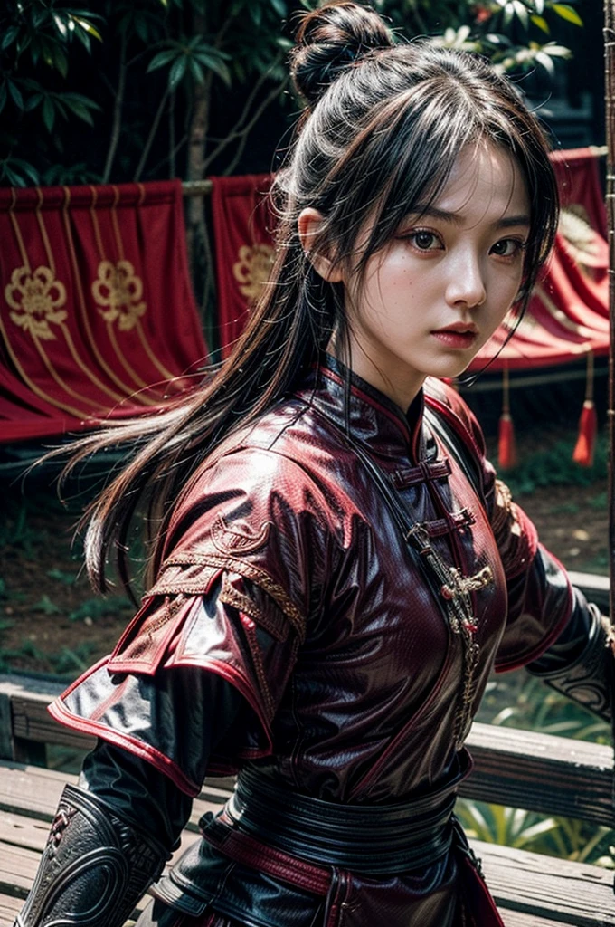 A beautiful chinese women warrior, weapon, 1girl, red full armor, sword, black_hair, bun hairstyle, holding, dual_wielding, solo_focus, holding_weapon, holding_sword, old chinese background, brown_eyes