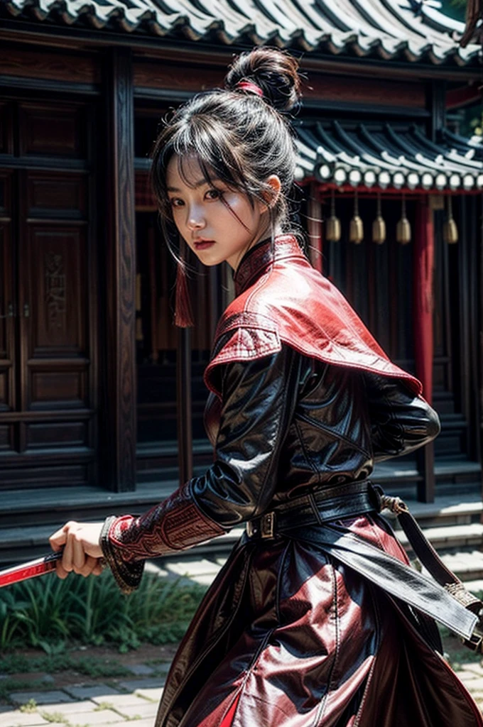 A beautiful chinese women warrior, weapon, 1girl, red full armor, sword, black_hair, bun hairstyle, holding, dual_wielding, solo_focus, holding_weapon, holding_sword, old chinese background, brown_eyes