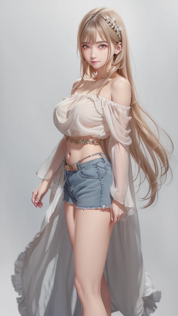 (((Off-the-shoulder blouse with sleeves、Shorts、White background、Cowboy Shot、forehead、Blonde)))、forehead、Northern Europe、Russia、beautiful girl、Platinum Blonde Hair、Straight long hair、Big blue eyes、Northern Europeの若者、Glowing Skin、Young and beautiful skin、A perfect and beautiful little face、Bright makeup、Pale pink lips、Bright expression、lipstick、Golden Hour Lighting、Movie Light、Intricate details、High resolution、 Detailed features of the face design、Big Breasts