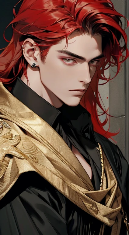 8k, raw photos, best quality, masterpiece:1.4, ultra-high resolution, ultra-detailed, lamplight, close-up cleavage, handsome men, gold eyes, detailed eyes:1.2, the eyes are bright:1.2, medium long red hair, pale-skinned, ear piercings, dark, black clothes, meticulous clothes, gold accessories on clothes, perfect anatomy:1.2, high quality shadow, natural lighting, white highlights:1.2, natta, overcast day, arm tattoos:1.2, starrysky:1.2, masterpiece, high quality, best quality, hd, realistic, perfect lighting, detailed body, 1 man, dark white hair, face expression, black military suit, in the cave