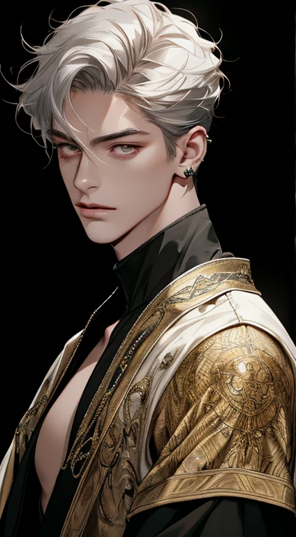 8k, raw photos, best quality, masterpiece:1.4, ultra-high resolution, ultra-detailed, lamplight, close-up cleavage, handsome men, gold eyes, detailed eyes:1.2, the eyes are bright:1.2, medium long red hair, pale-skinned, ear piercings, dark, black clothes, meticulous clothes, gold accessories on clothes, perfect anatomy:1.2, high quality shadow, natural lighting, white highlights:1.2, natta, overcast day, arm tattoos:1.2, starrysky:1.2, masterpiece, high quality, best quality, hd, realistic, perfect lighting, detailed body, 1 man, dark white hair, face expression, black military suit, in the cave