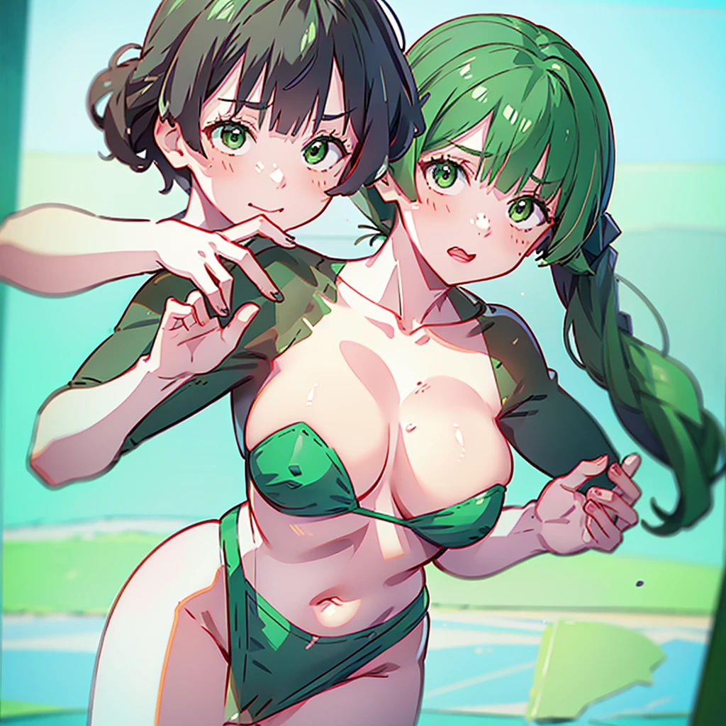 A girl with short bob black hair and green eyes with freckles on her face and big breasts wearing a green bikini in the forest lost with a dinosaur 