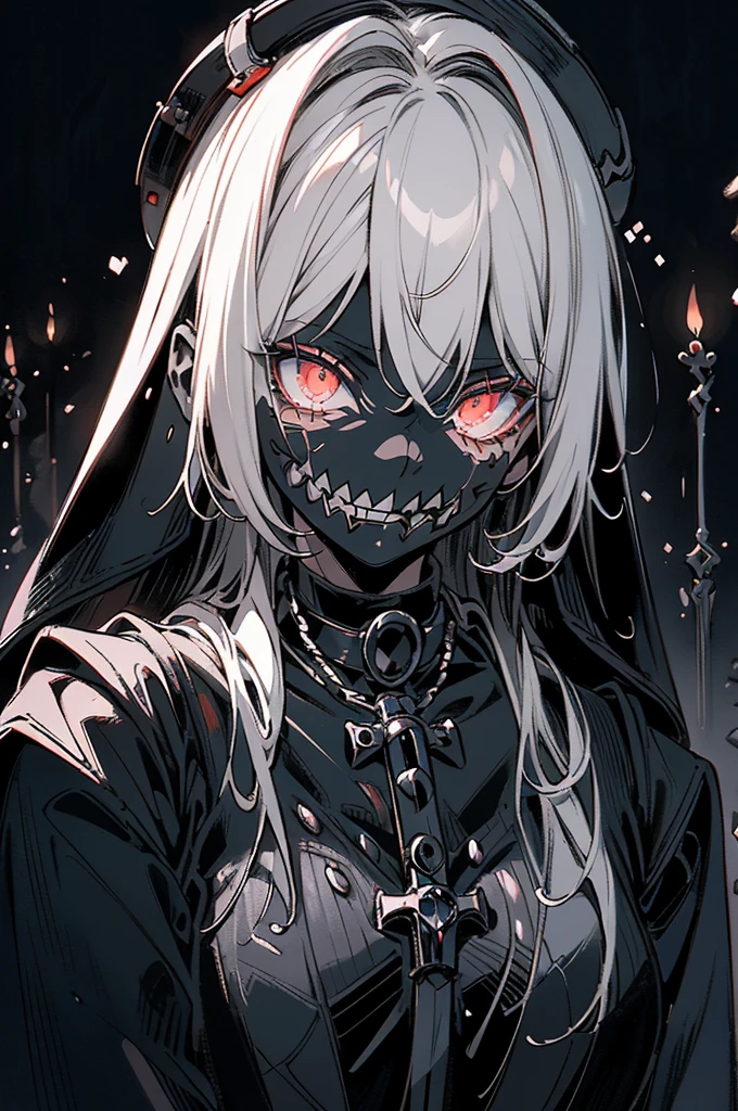 {-error_of_anatomy:1.0} Punisher, Nightmare Before Christmas style, (masterpiece, Highest quality), (Perfect hands), (Surreal:1.6), (oftailed face), (受賞歴ofある), (sharp), (8K resolution), (Cinema Lighting), color: Dark and gloomy, (幽霊ofような), (intense expression), (Spooky atmosphere), (漫画ofような雰囲気),(granular), (Dramatic Shadows), (Dynamic pose), (an ominous雰囲気), (artistically renofred), (an ominous), (Fascinating), (Gothic), (Mysterious Setinodi Color Palette), (Skillfully drawn), (Feelings of anxiety), (intricate oftailing), (an ominous smile), (an ominous), (Fascinating eyes), (Horror elements), (Fascinating composition), (印象的なanatomy),(Striking contrast), (an ominous mood), (Exquisite craftsmanship), (intriguing character ofsign), (Nuns), classic Nuns wear, (黄colorい目), Backwards, Remember