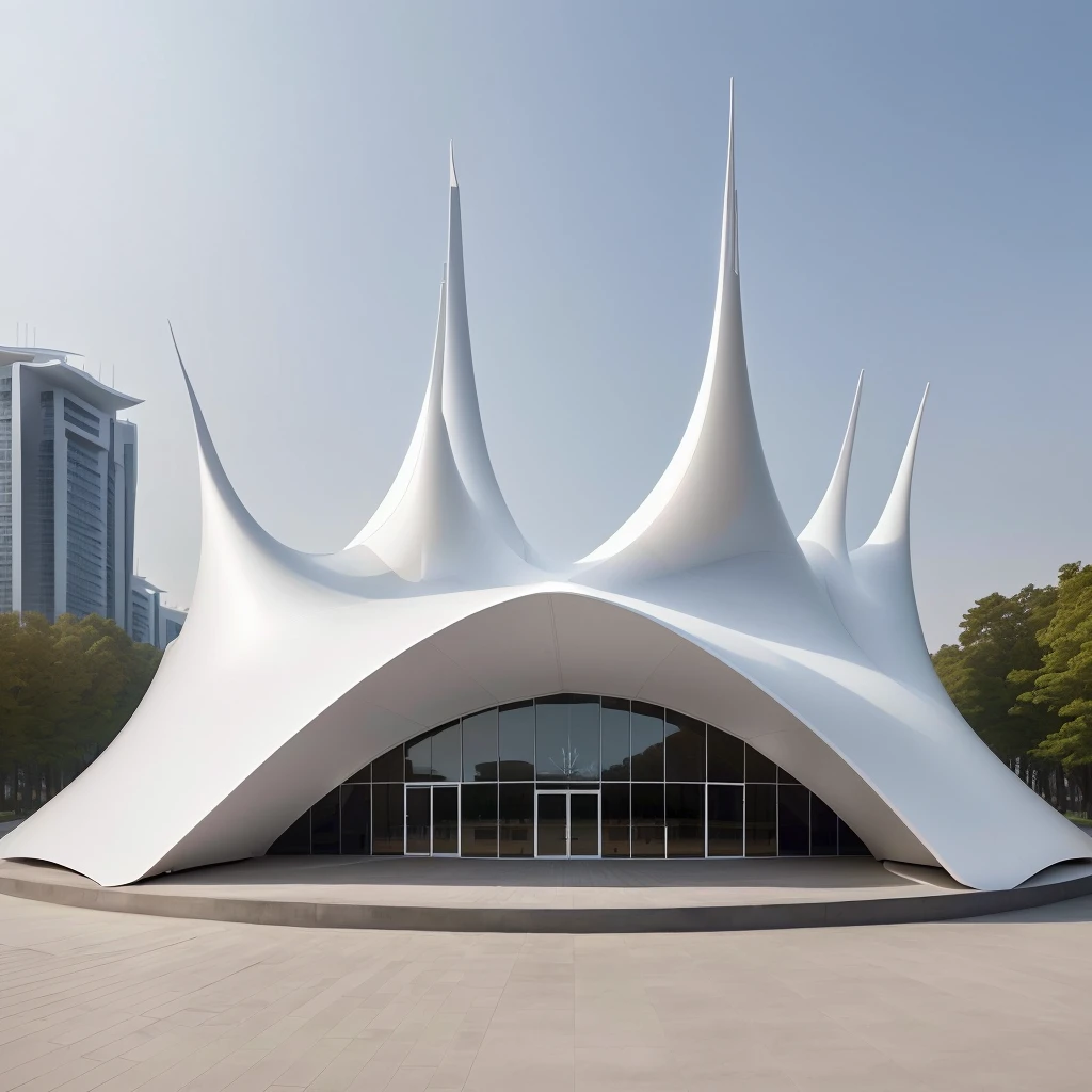 Arav structure with a large white roof and several trees, Futuristic Church, tent architecture, Web portals. Zaha Hadid, Zaha Hadid style architecture, pavilion, Santiago Calatrava, in style of Zaha Hadid architect, Zaha Hadid architecture, Building photos, High-quality architectural art, by Zha Shibiao, Futuristic architecture, inspired by Zha Shibiao