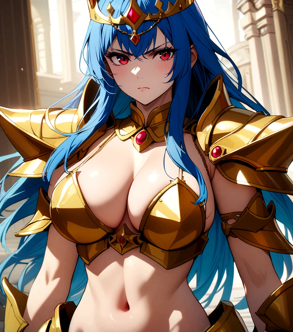 golden bikini armor, golden crown, bare belly, big breasts, blue hair, red eyes