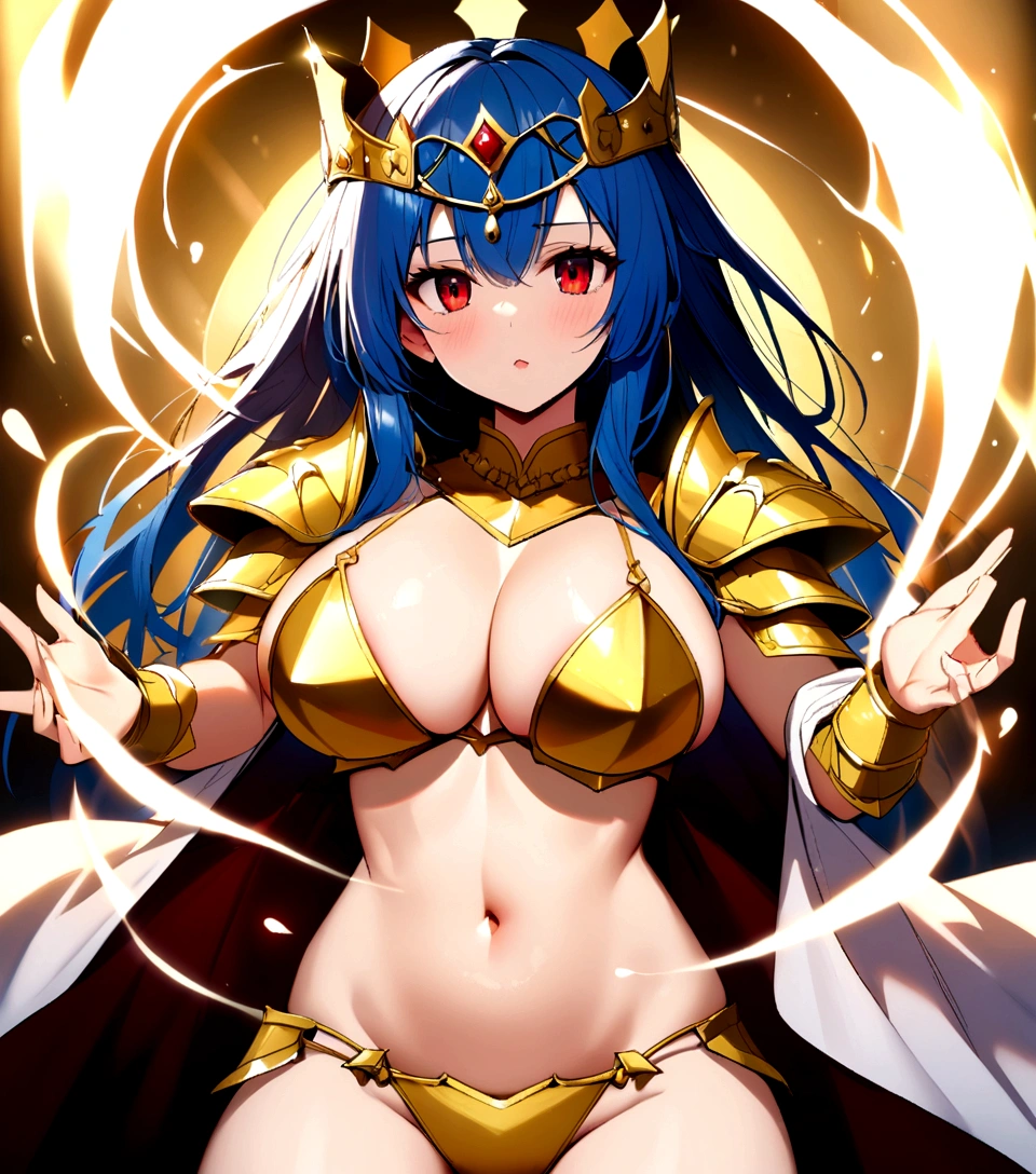 golden bikini armor, golden crown, bare belly, big breasts, blue hair, red eyes