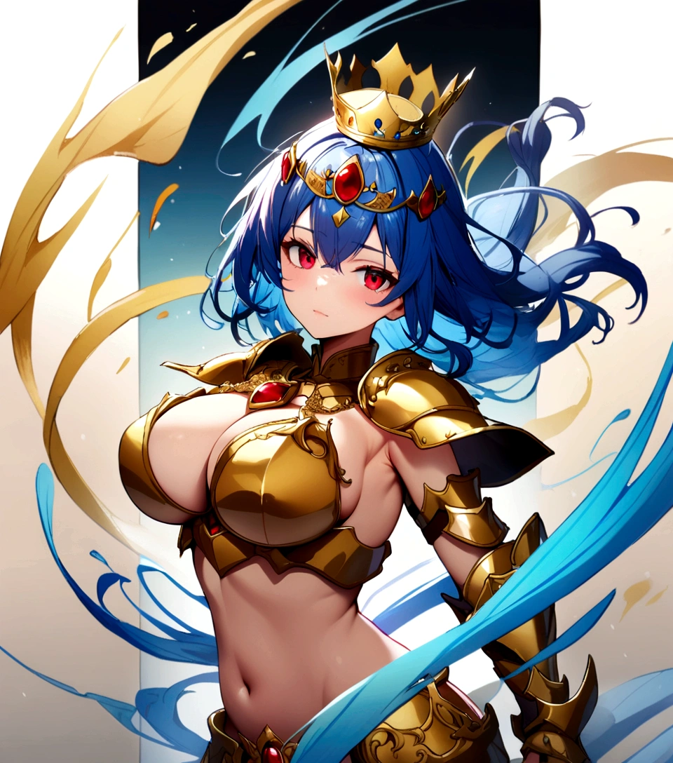 golden bikini armor, golden crown, bare belly, big breasts, blue hair, red eyes