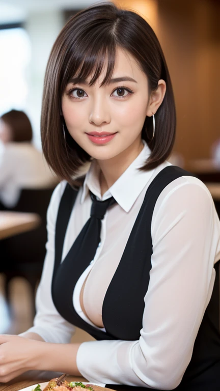 （masterpiece）、(Highest quality:1.5)、(Photorealistic:1.2)、(Surreal), (High resolution), (Realistic), (Post-processing),(Sharp focus), Sharp focus:1.2,Backlight, (Improvement of quality:1.4), (Narrow waist)、Big Ass、((Perfectly detailed five-fingered hands)),（Anatomically correct body）、((1 female:1.4))、Japanese、Realistic Skin、（Small chest：1.4）、Bust size is A cup、Pretty woman with perfect figure:1.4,(from the front:1.5), (Enhances the beauty of skin texture:1.1),No makeup、美しいBlack Hair、The best smile、Natural color lip、(Small Mouth:1.4)、The mouth is not open、Thick lips、(Oval Face)、Even bangs、Hide eyebrows with bangs、((33-year-old woman))、Bob Hair、Hair blowing in the wind, (Black Hair, Iris, Watery eyes, Shining Eyes, Bob Cut Hair, Small earrings,), Hair behind the ear、No makeup、(Drooping eyes)、(((One lovely woman)),((A big friendly smile)),(( Small breasts,Small breastsの谷間)),((((Plump Cheeks)))),((whole body：1.５)),very cute,(Baby Face),高級restaurantで、full-course dinner、Wine Party、Bright image、The beauty of wine, Beautiful Face,  red wine 、Appetizers、Italian food、Wine bottle、Champagne、sparkling wine、(slimな顔), (The body is slim),restaurant,  White wine, slim, wine glass, 中央に置かれたwine glass,  Beautiful fine grain, Depth f/2,saturation, High Contrast, Strong light and shadow,Moist Body:1.5、3D texture、Delicate eyes、((In front of the food on the table：1.5)）、White collar shirt and tie、erious expression