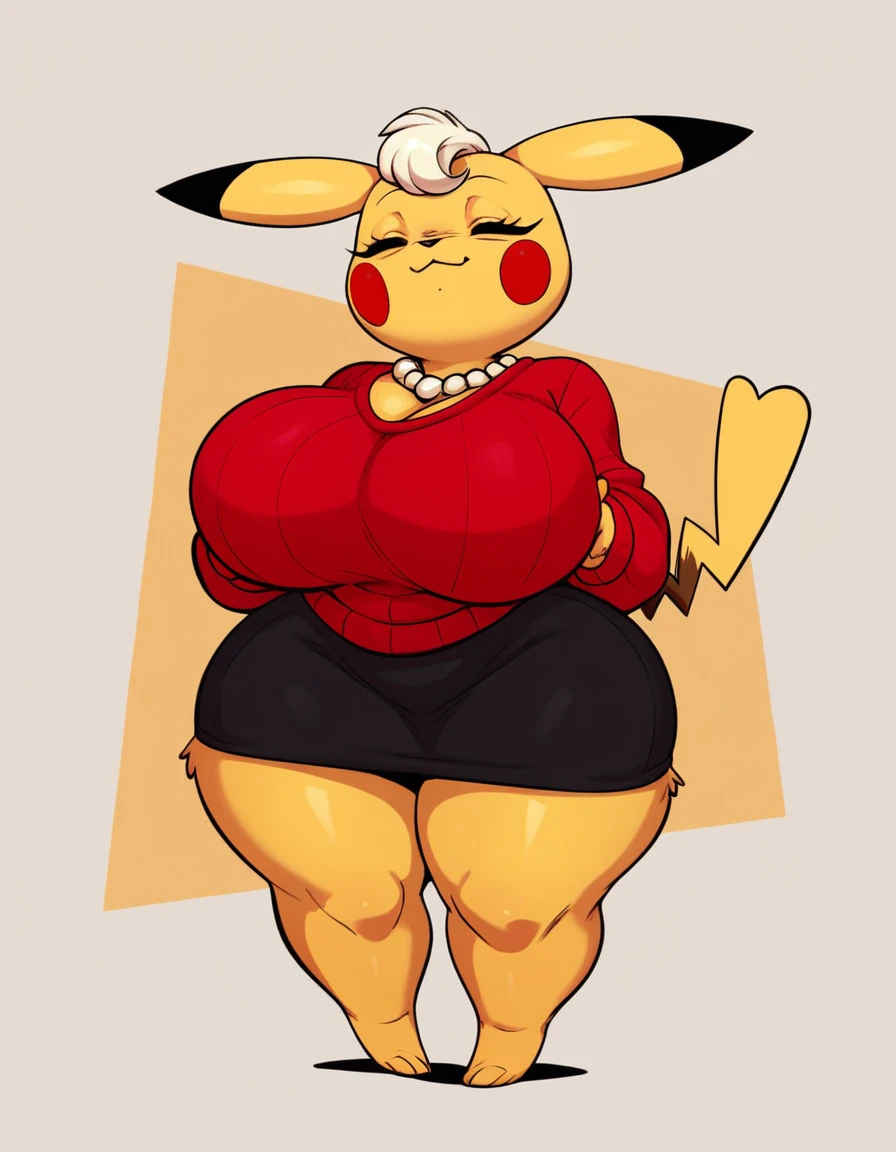 score_9, score_8_up, score_7_up, score_6_up, score_5_up, score_4_up, furry Pikachu short stack elderly female ,big wide hips, wearing skirt , eyes close ,red Sweater  ,solo , necklace ,huge Breasts 