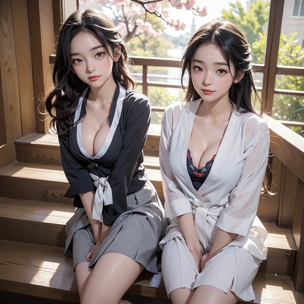 A woman in a school uniform posing on the stairs, seifuku, Japanese , A mix of anime style and Fujifilm, Japanese girls uniform, Magic , Beldelfinn, Wearing Japanese clothes , Female student, Beautiful anime school girl, Chiho, Another Iwakura, Sakura Kinomoto, Under the cherry tree
((((Emphasize cleavage))))