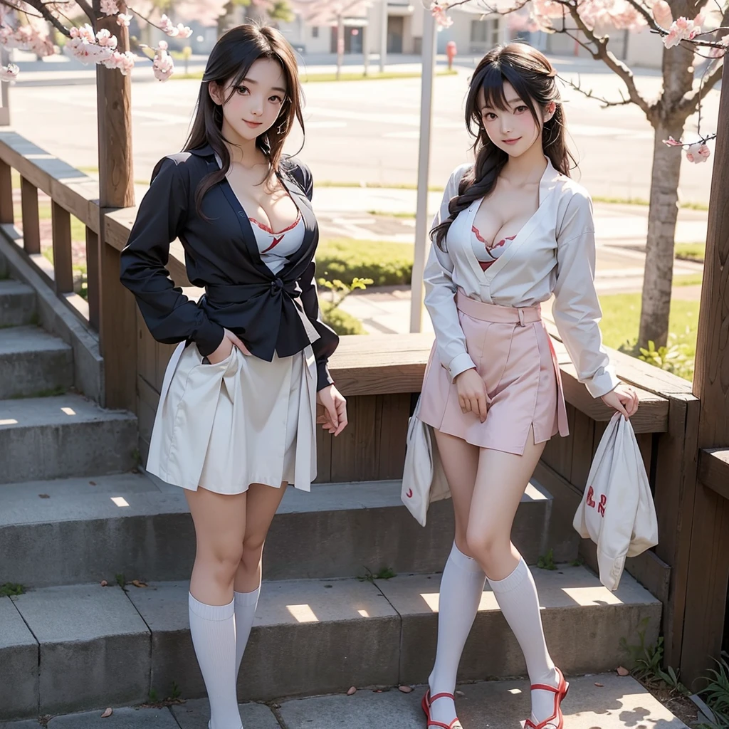 A woman in a school uniform posing on the stairs, seifuku, Japanese , A mix of anime style and Fujifilm, Japanese girls uniform, Magic , Beldelfinn, Wearing Japanese clothes , Female student, Beautiful anime school girl, Chiho, Another Iwakura, Sakura Kinomoto, Under the cherry tree
((((Emphasize cleavage))))

