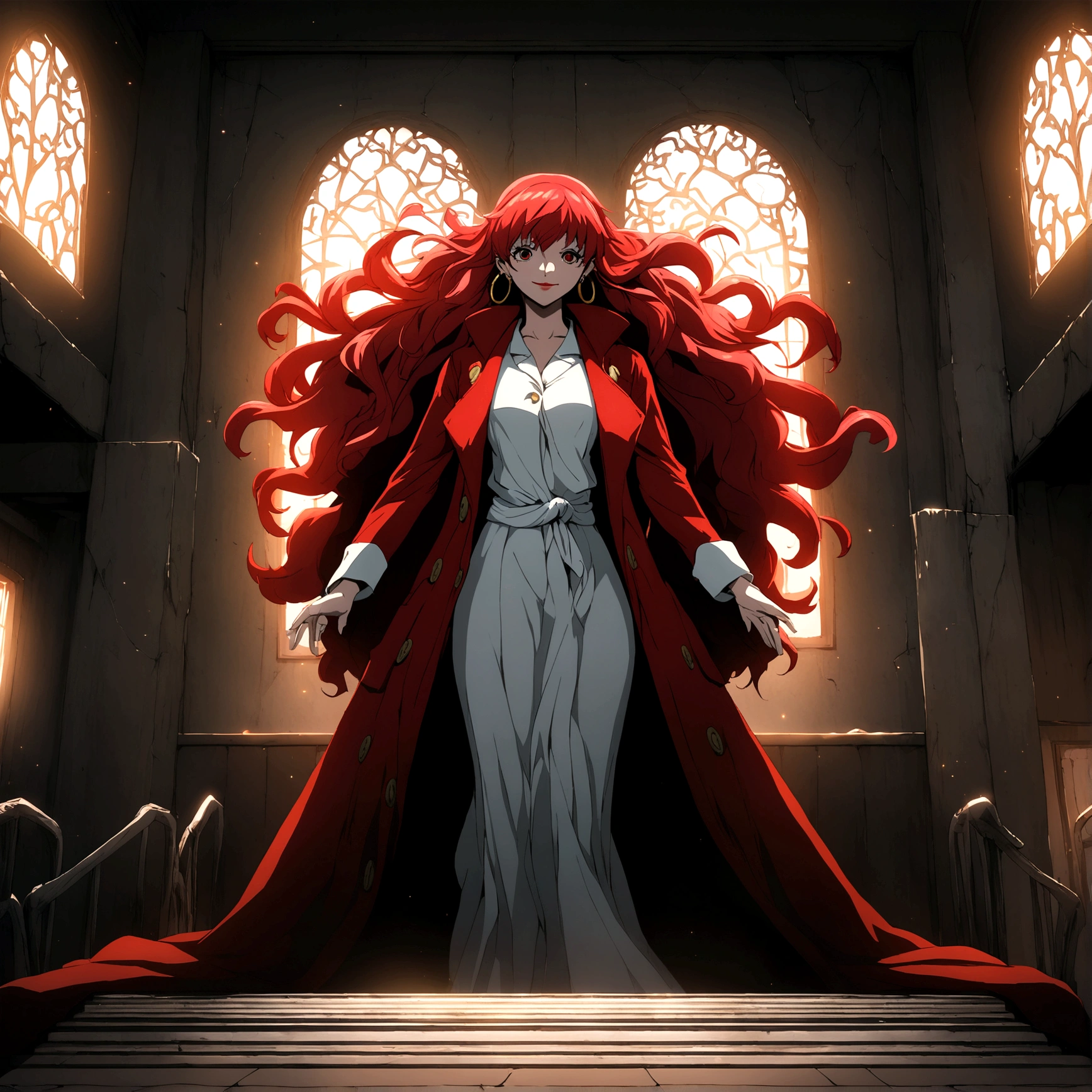 Woman,tied red hair,red eye,red lipstick,hoop earrings,red doctor's coat,psychopath smile,hospital setting,"One Piece-inspired anime design, filled with dramatic and stunning lighting, infused with creative details, ultra-fine 2D design, scenery bathed in creativity, boasting 2D anime resolution clarity, HD anime graphics, high-octane rendering"