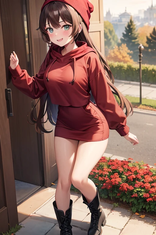 1girl, woman, red hoodie (cropped), tight midi pencil skirt (black), long length pencil skirt, long brown hair, looking at viewer, full body, smile, blush, boots, garden, fall, leaves, beanie, brown scarf