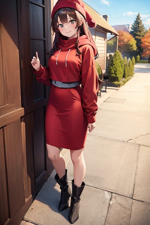 1girl, woman, red hoodie (cropped), tight midi pencil skirt (black), long length pencil skirt, long brown hair, looking at viewer, full body, smile, blush, boots, garden, fall, leaves, beanie, brown scarf
