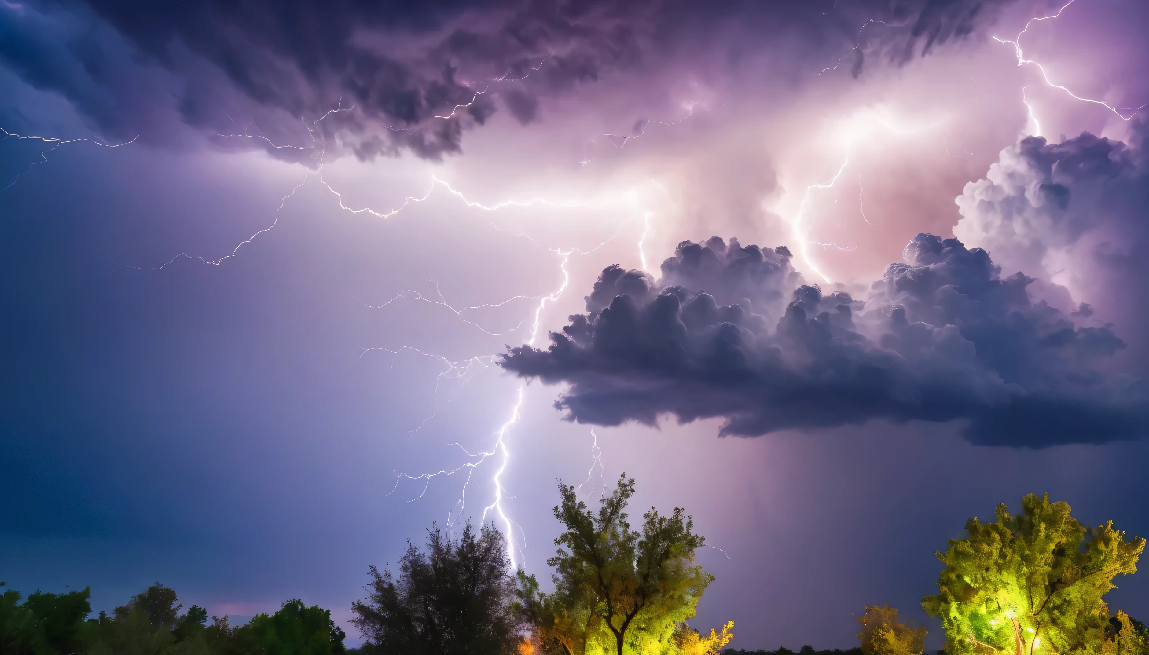 Background of lightning strikes, branches giving off beautiful bright colored light, above a cloudy sky, fropeseonal photo, perfect